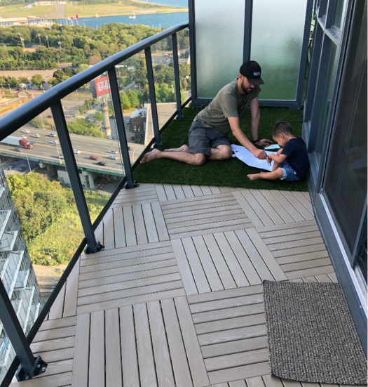A great balcony lounge idea is to enhance your condo balcony flooring.